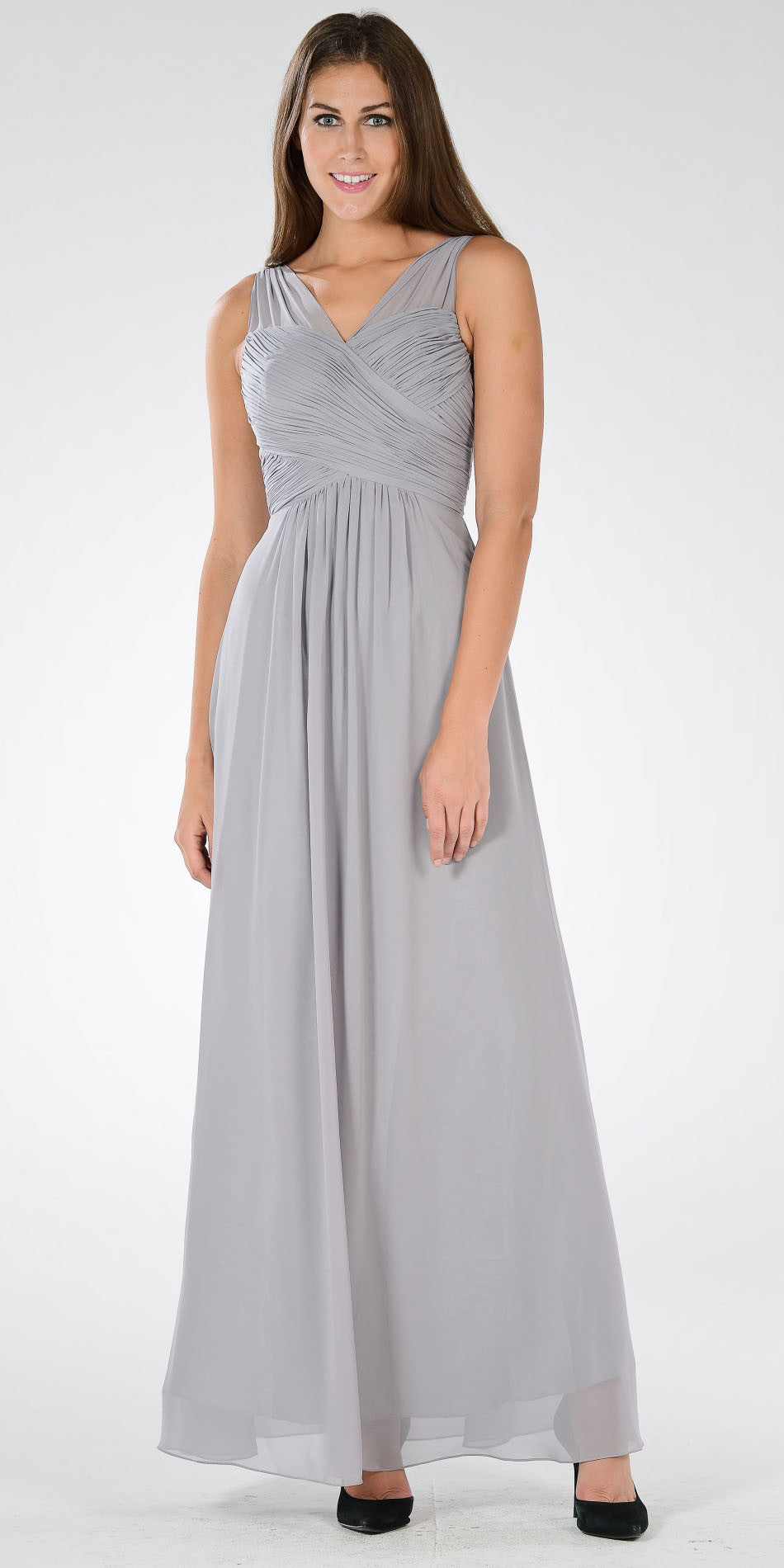 Gray V-Neck Ruched Bodice Empire Waist Chiffon Long Bridesmaids Dress