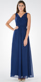 Navy Blue V-Neck Ruched Bodice Empire Waist Chiffon Long Bridesmaids Dress