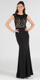 Scoop Neck Appliqued Bodice Fit and Flare Prom Gown Black Cap Sleeves