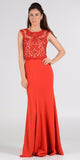 Scoop Neck Appliqued Bodice Fit and Flare Prom Gown Red Cap Sleeves