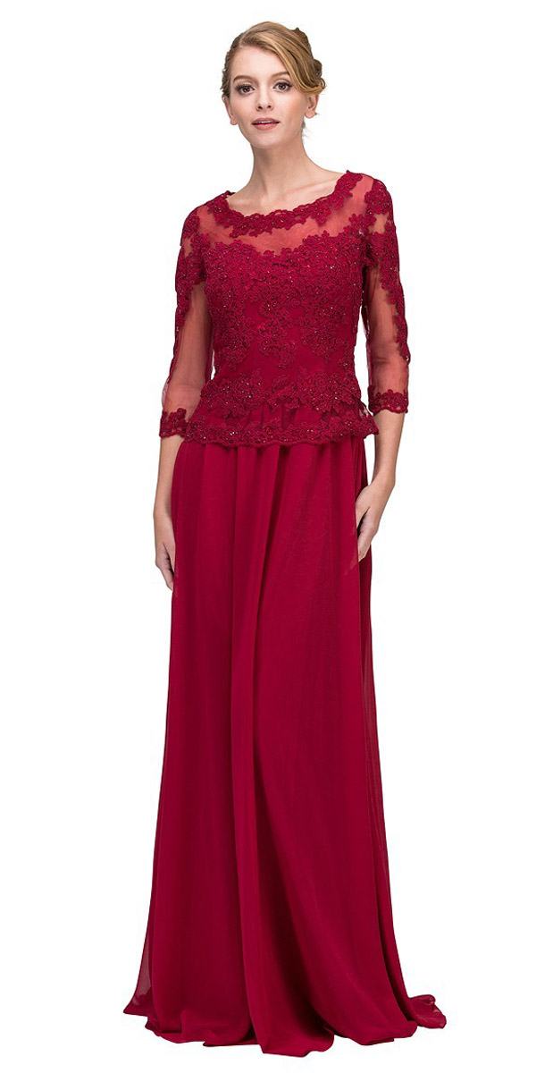 Burgundy Appliqued Long Formal Dress Mid-Length Sleeves