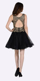 Black/Gold Cut Out Back Short Prom Dress Appliqued Bodice V-Neck