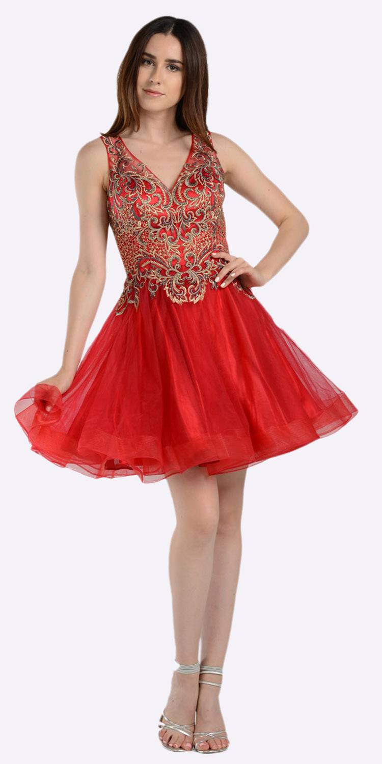 Burgundy/Gold Cut Out Back Short Prom Dress Appliqued Bodice V-Neck