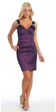 CLEARANCE - Tight Fit Plum Cocktail Dress Pleated Wide Straps Short Above Knee
