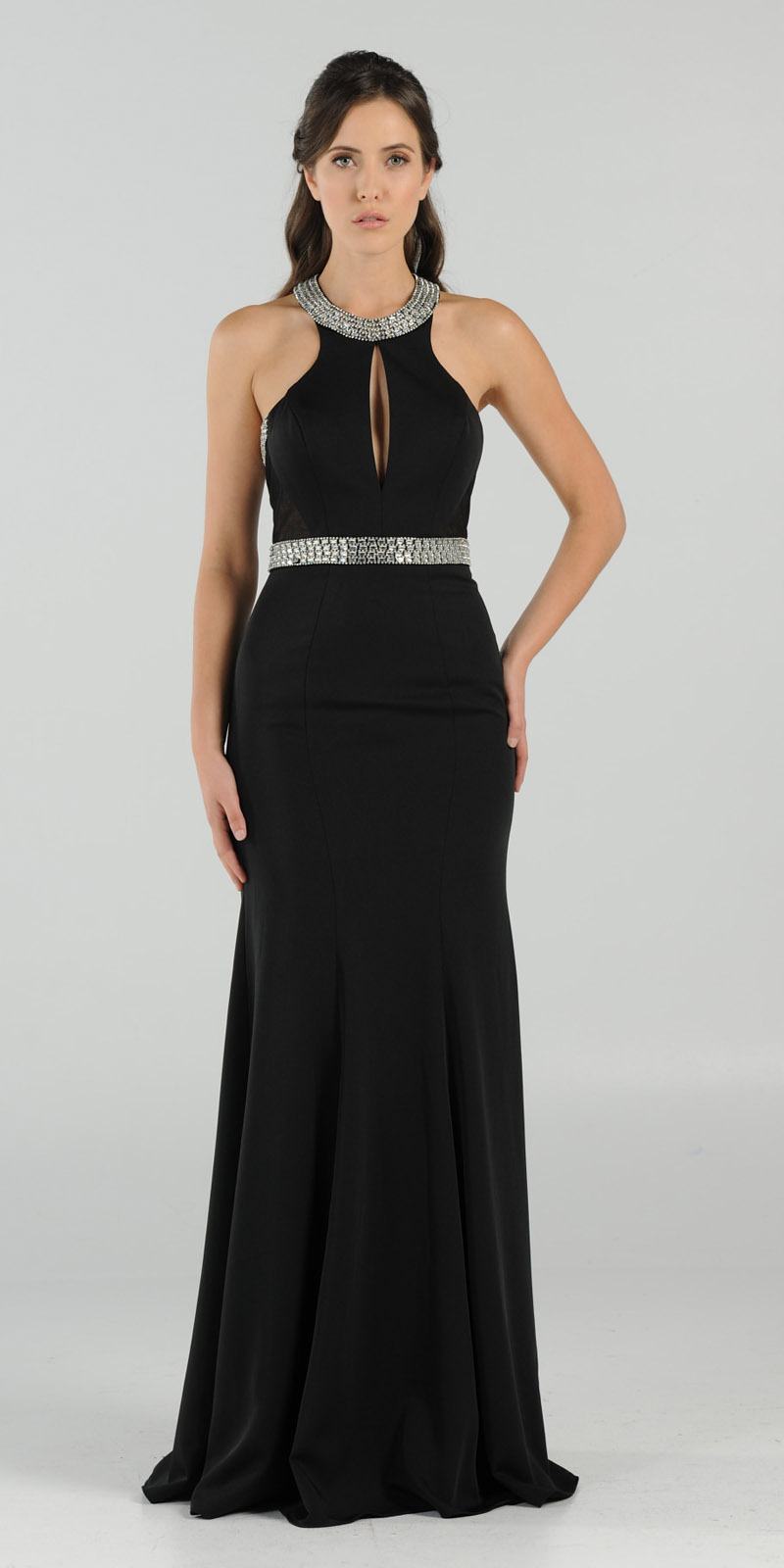 High Neckline Embellished Evening Gown Keyhole Bodice Black