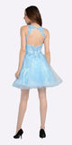 Blue Lace Applique Bodice Short Prom Dress Sleeveless Cut Out Back