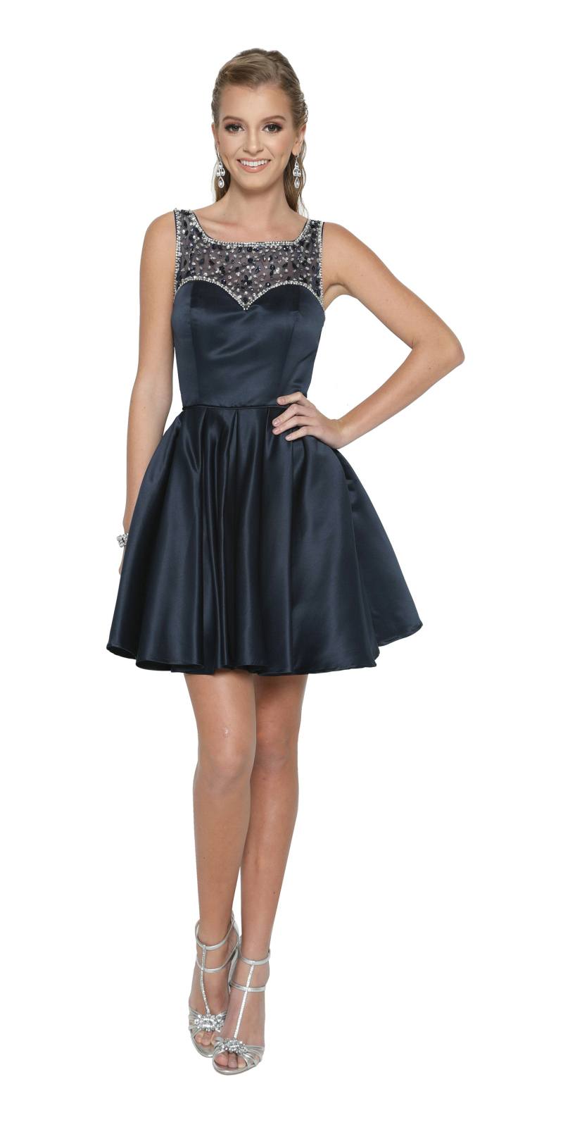 Sleeveless Short Prom Dress Beaded Illusion Neckline Navy Blue