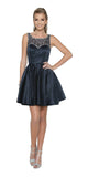Sleeveless Short Prom Dress Beaded Illusion Neckline Navy Blue