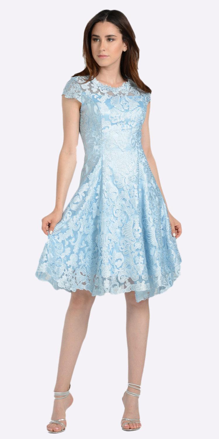 A-line Short Sleeves Appliqued Knee Length Cocktail Dress Blue