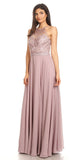Mocha Halter A-line Long Formal Dress Lace Appliqued Bodice