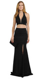 V-Neck Crop Top Two-Piece Black Long Prom Dress