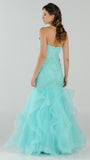 Strapless Tiered Mermaid Long Prom Dress Embroidered Aqua