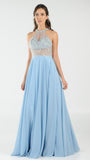 Halter Sheer Beaded Bodice Keyhole Neckline Long Prom Dress Ice Blue