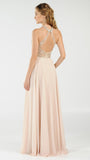 Halter Sheer Beaded Bodice Keyhole Neckline Long Prom Dress Champagne