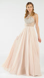 Halter Sheer Beaded Bodice Keyhole Neckline Long Prom Dress Champagne