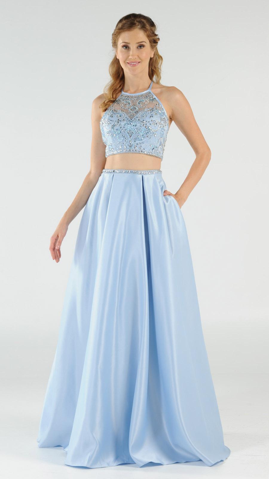 Blue Two-Piece Long Prom Dress Satin Skirt with Pockets