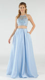Blue Two-Piece Long Prom Dress Satin Skirt with Pockets