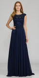 Poly USA 8254 Navy Blue Cap Sleeves Embroidered Long Formal Dress with Slit