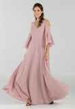 Cold-Shoulder V-Neck Long Formal Dress Bell Sleeve Mauve