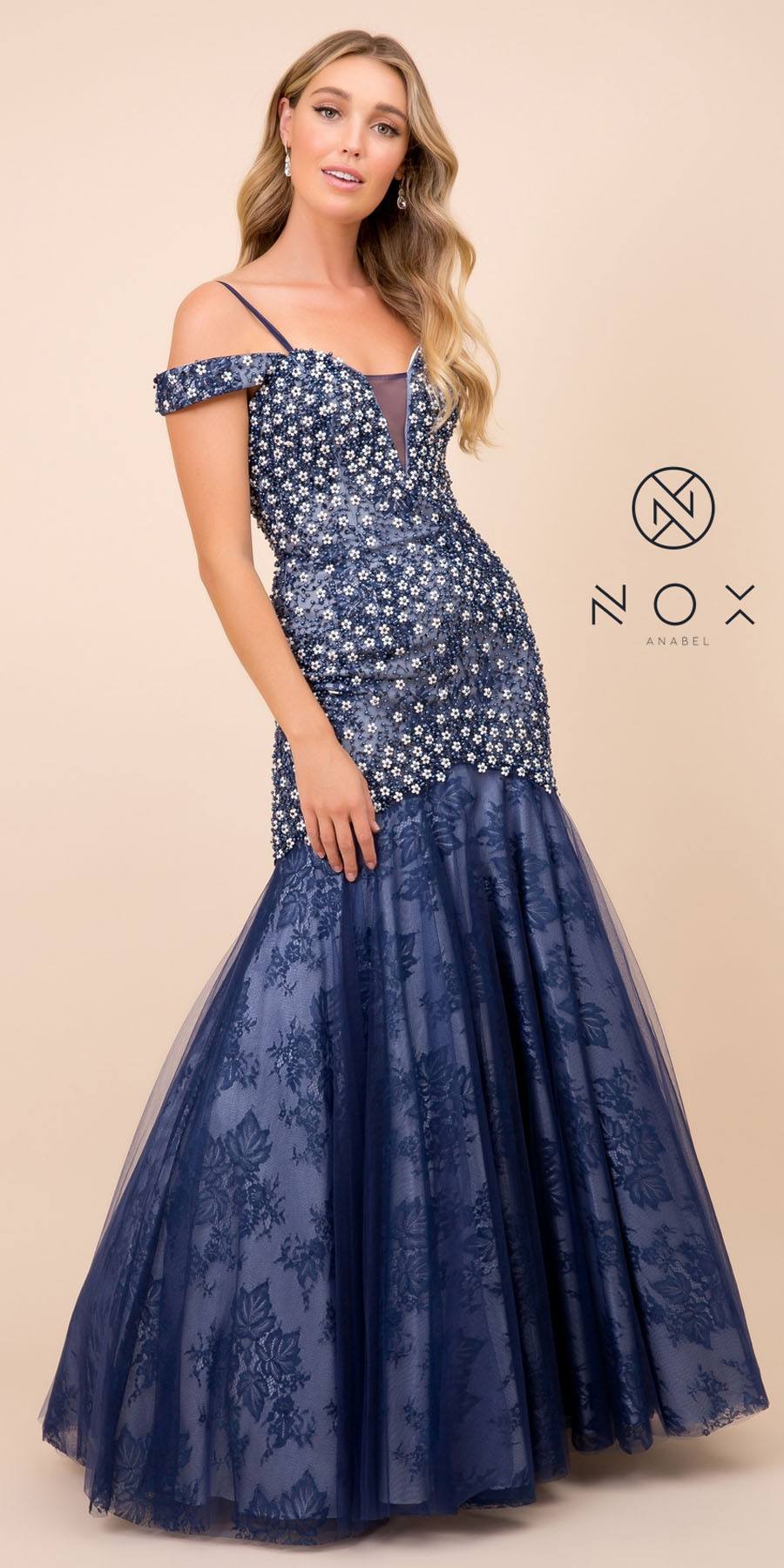 Nox Anabel 8328 Mermaid Off-Shoulder Dress Navy Blue Embellished Corset