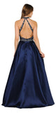 High-Neck Beaded Long Prom Dress with Pockets Navy Blue