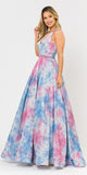 Blue/Pink V-Neck and Back Long Prom Dress with Pockets