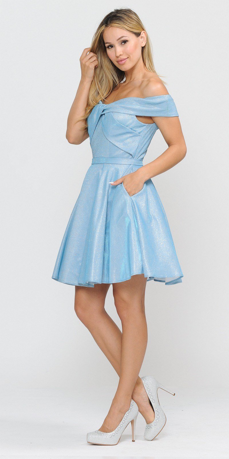 Poly USA 8356 Baby Blue Homecoming Short Dress Off-Shoulder