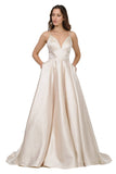 V-Neck Long Prom Dress with Pockets Champagne
