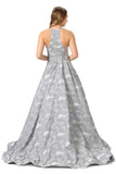 Sheer Cut-Out Bodice Long Prom Dress with Pockets Silver