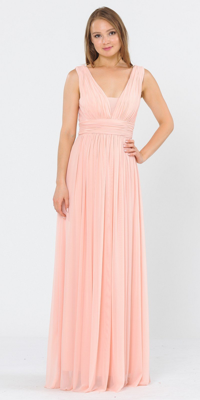 Blush V-Neck and Back Long Formal Dress Sleeveless