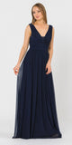 Navy Blue V-Neck and Back Long Formal Dress Sleeveless