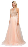 Beaded Long Prom Dress with Strappy Open-Back Champagne