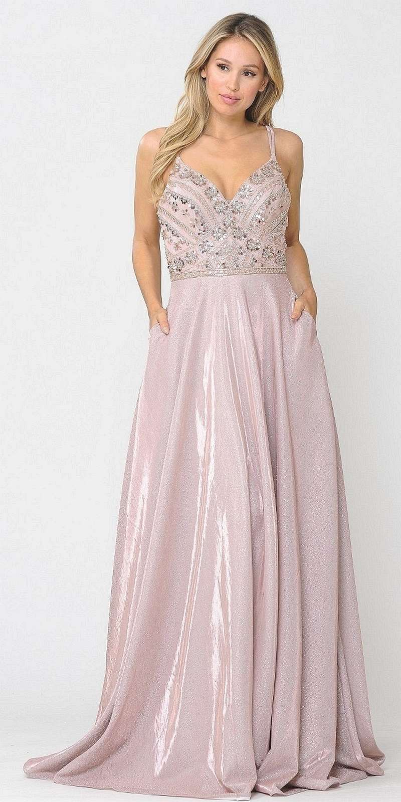 Poly USA 8414 Embellished Rose Gold Long Prom Dress with Pockets