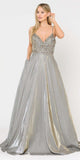 Poly USA 8414 Embellished Silver Gold Long Prom Dress with Pockets