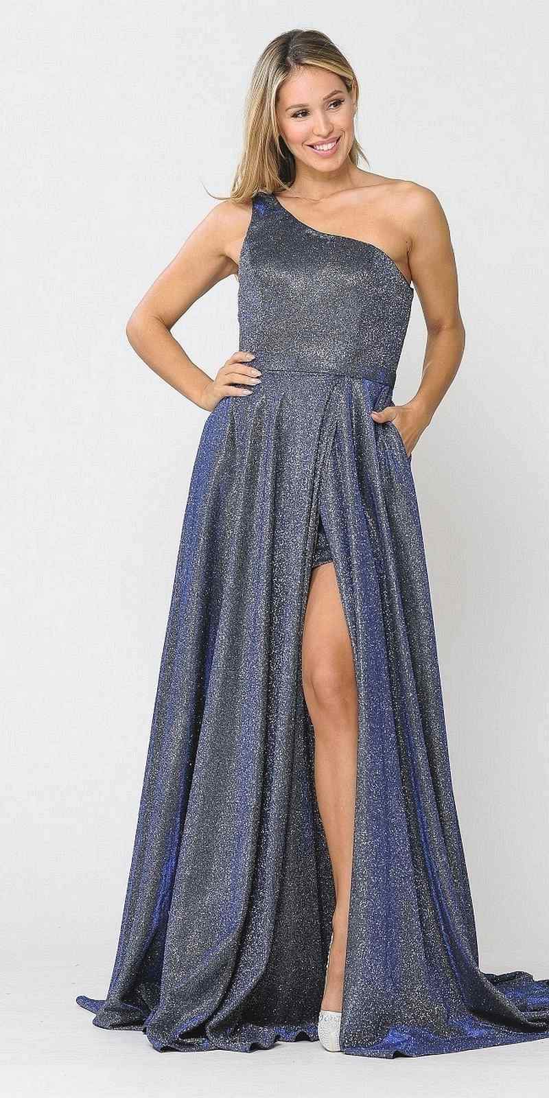 Poly USA 8430 Royal Blue One-Shoulder Long Prom Dress with Pockets