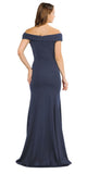 Off-Shoulder Navy Blue Long Formal Dress with Sheer Cut-Out Bodice