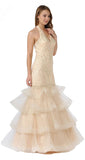 Tiered Halter V-Neck Long Prom Dress Champagne