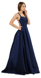Navy Blue A-Line Long Prom Dress Strappy Back
