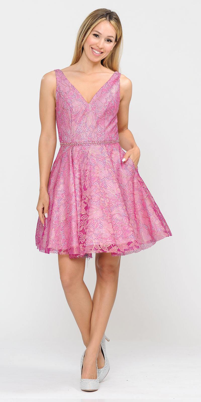 V-Neck and Back Magenta/Pink Homecoming Short Dress with Pockets