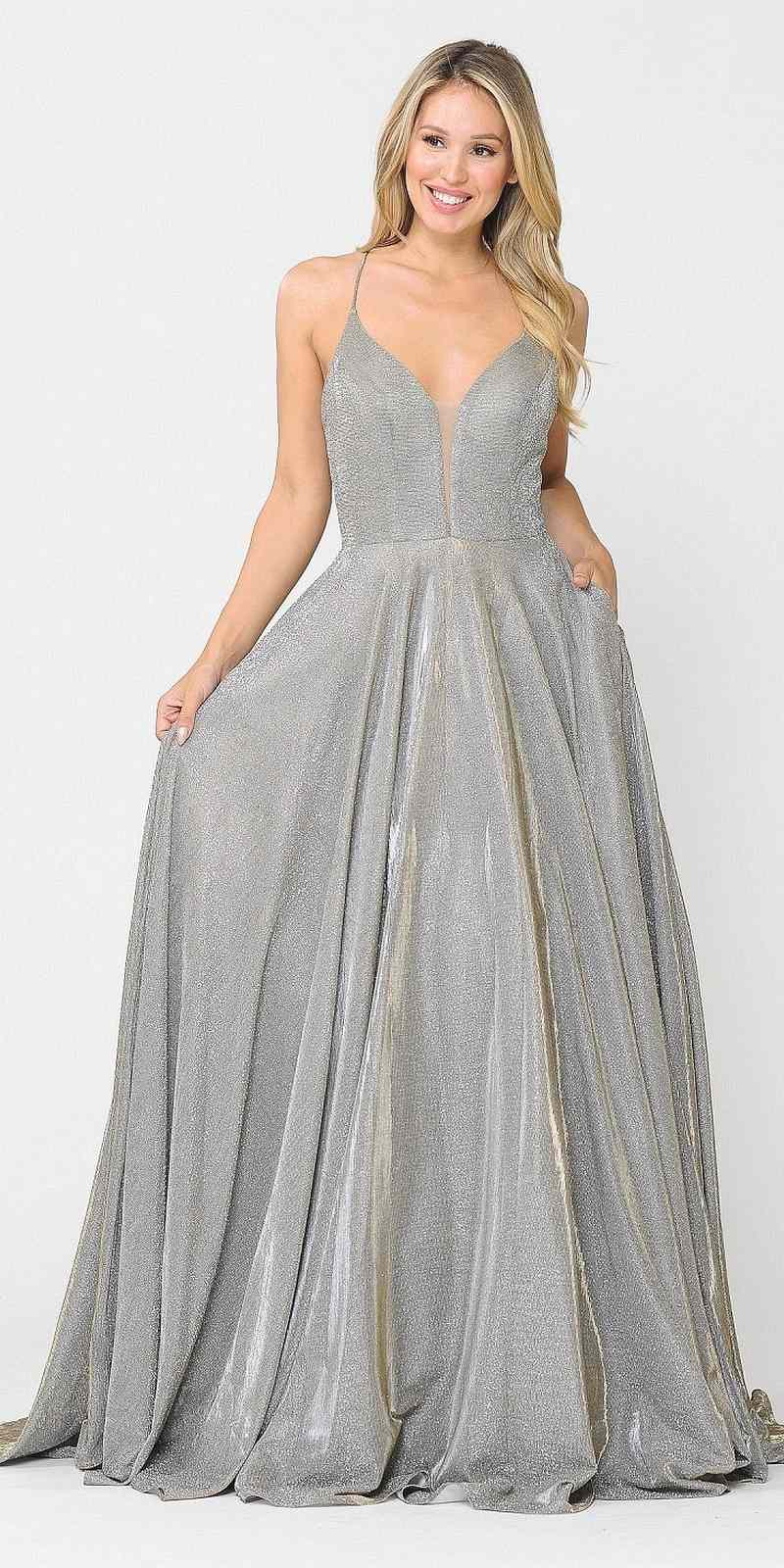 Silver/Gold Criss-Cross Back Long Prom Dress with Pockets