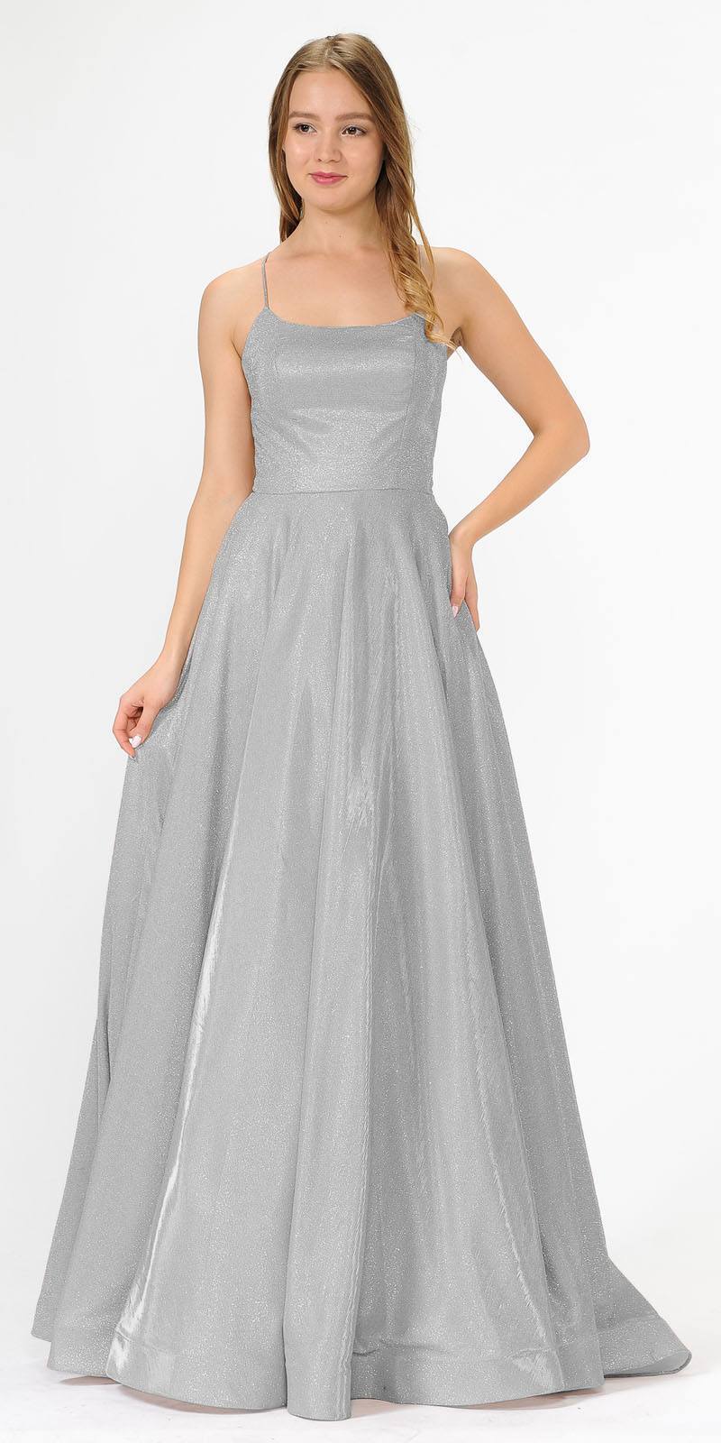 Poly USA 8574 Long Glitter Prom Dress Silver Spaghetti Straps with Pockets