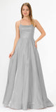 Poly USA 8574 Long Glitter Prom Dress Silver Spaghetti Straps with Pockets