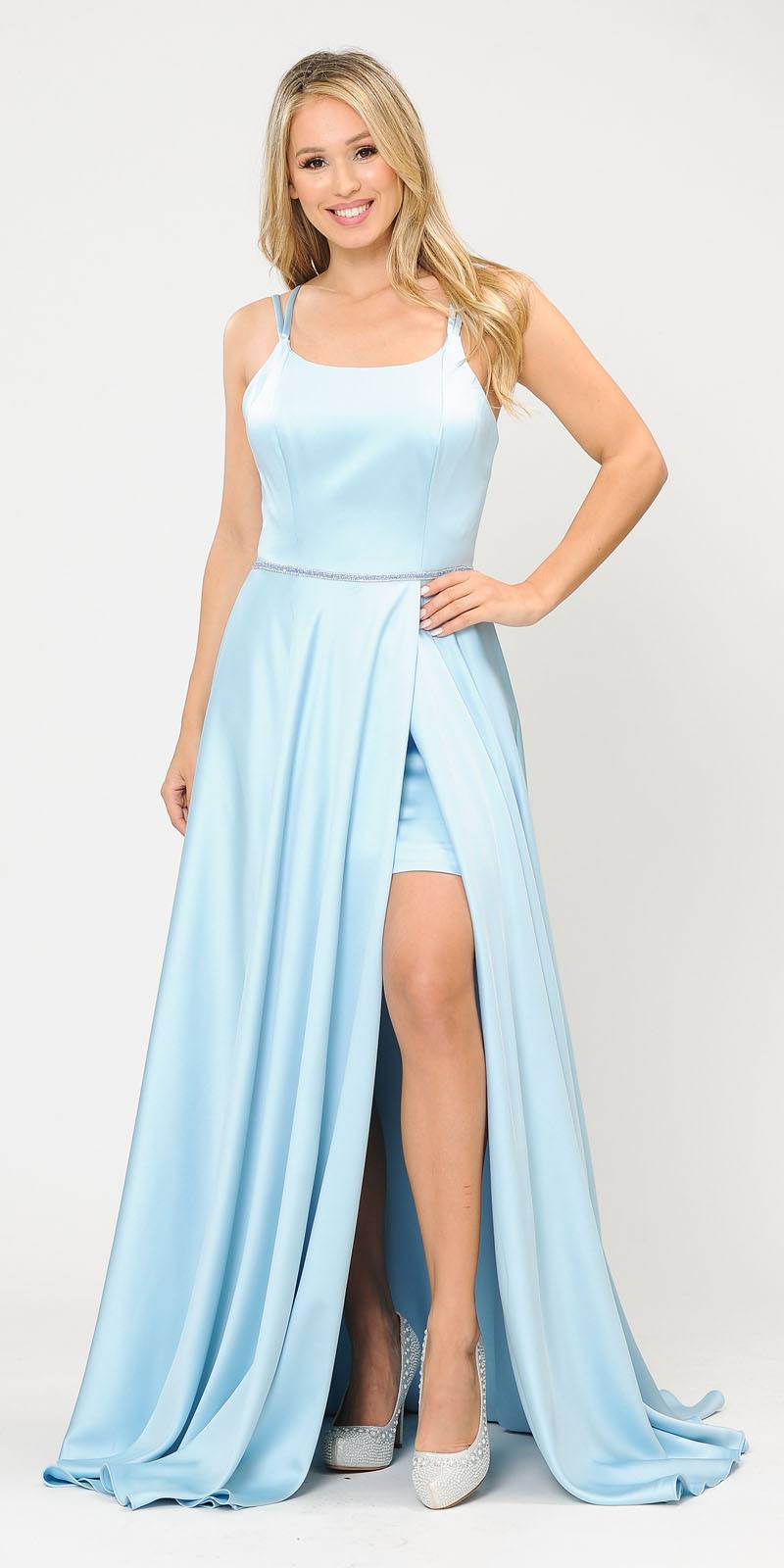 Long Romper Prom Dress with Cut-Out Lace-Up Back Blue