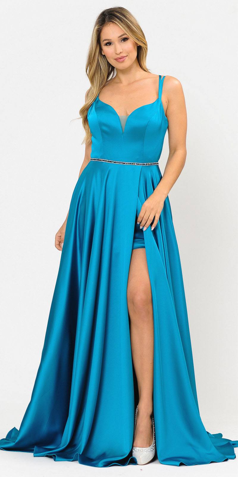 Teal Romper Style Long Prom Dress with Pockets