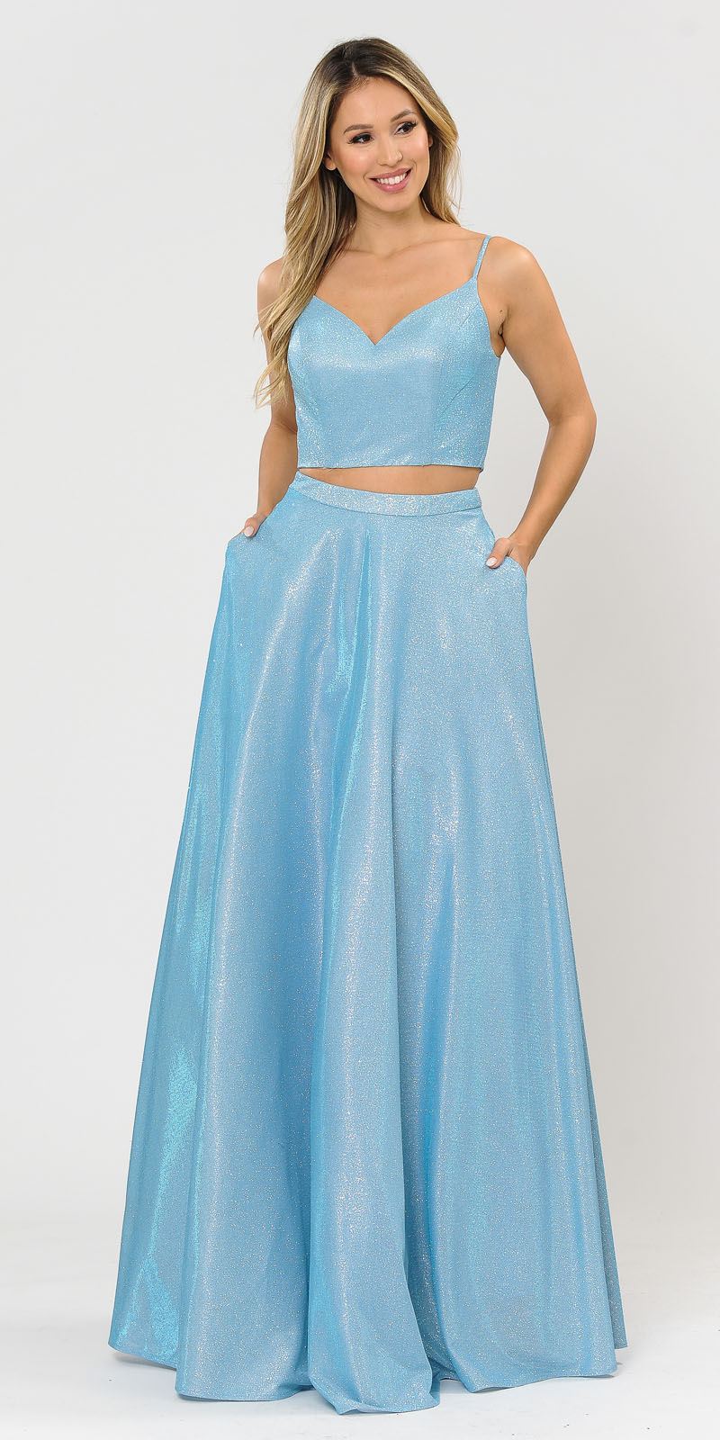 Blue Two-Piece Long Prom Dress Lace-Up Back with Pockets