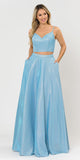 Blue Two-Piece Long Prom Dress Lace-Up Back with Pockets