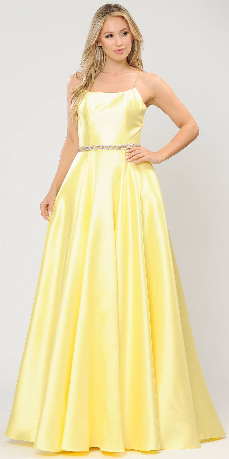 Poly USA 8684 Yellow Long Prom Dress with Criss-Cross Lace-Up Back