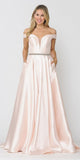 Poly USA 8686 Silky Satin Off-Shoulder Long Prom Dress Blush with Pockets