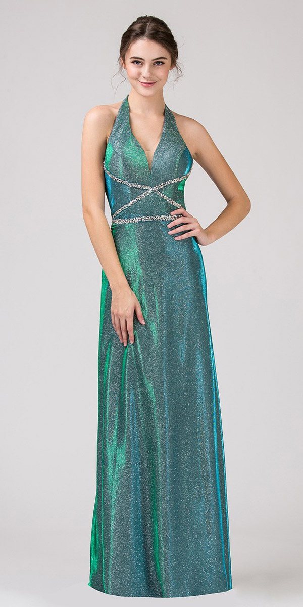 Green Halter Shimmering Long Prom Dress V-Neck