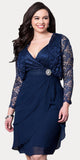 Short Formal Navy Blue Dress V-Neck Lace Chiffon 3/4 Sleeve Jacket Back View